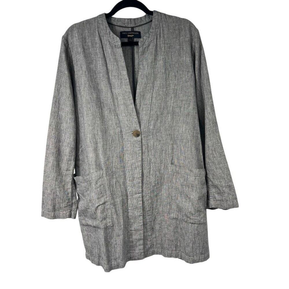 Paul Costelloe Gray Single Button Closure Linen Cotton Blend Jacket Sz L